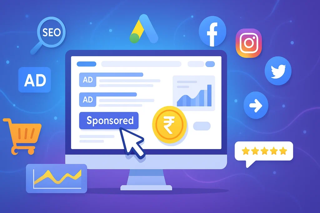 pay per click digital marketing illustration showing ads, clicks, cost per click, and online traffic with computer screen and cursor